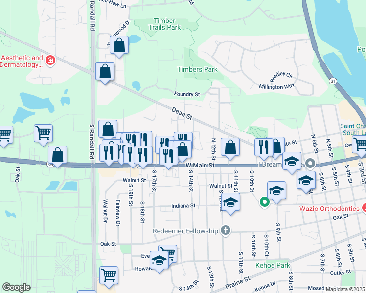 map of restaurants, bars, coffee shops, grocery stores, and more near 102 North 15th Street in St. Charles