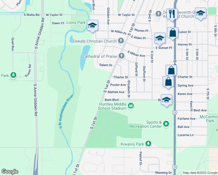 map of restaurants, bars, coffee shops, grocery stores, and more near 107 Pooler Avenue in DeKalb