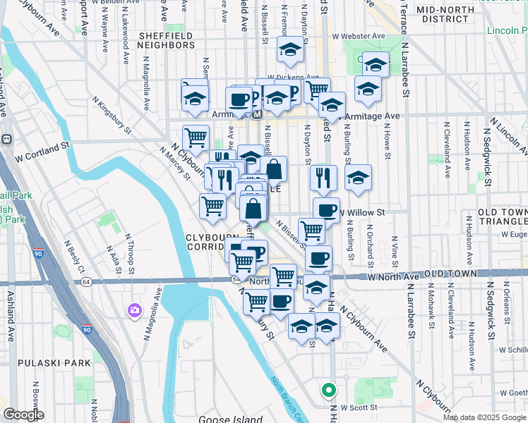 map of restaurants, bars, coffee shops, grocery stores, and more near 938 West Willow Street in Chicago