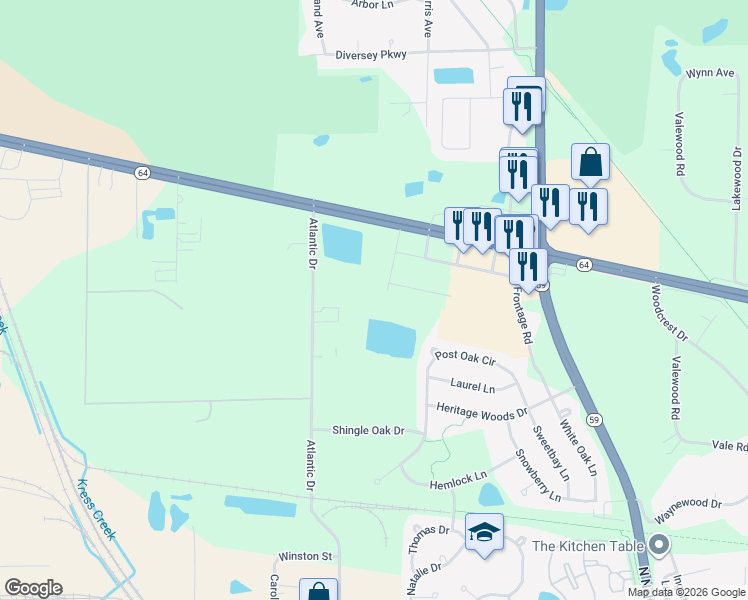 map of restaurants, bars, coffee shops, grocery stores, and more near 560 East North Avenue in West Chicago