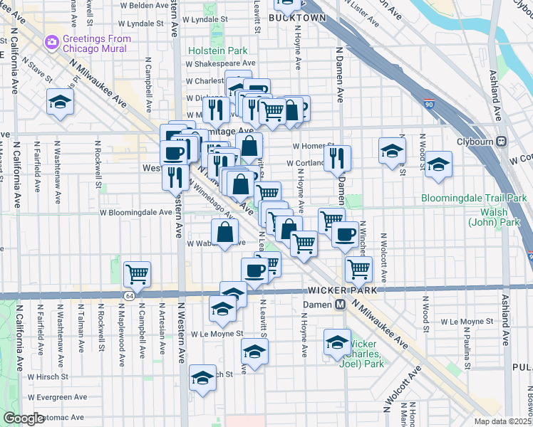 map of restaurants, bars, coffee shops, grocery stores, and more near 1743 North Leavitt Street in Chicago