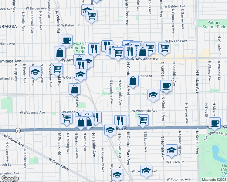 map of restaurants, bars, coffee shops, grocery stores, and more near 1824 North Monticello Avenue in Chicago