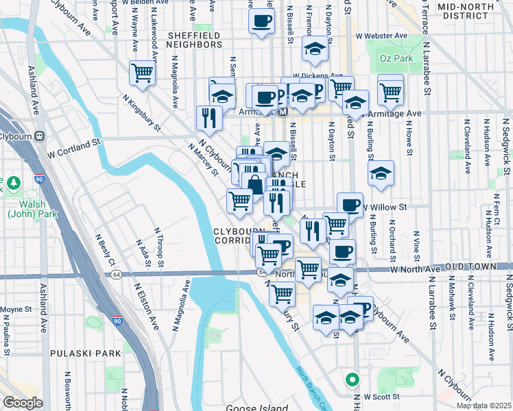 map of restaurants, bars, coffee shops, grocery stores, and more near 1827 North Clybourn Avenue in Chicago