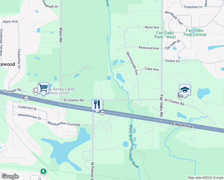 map of restaurants, bars, coffee shops, grocery stores, and more near 28W700 Saint Charles Road in West Chicago