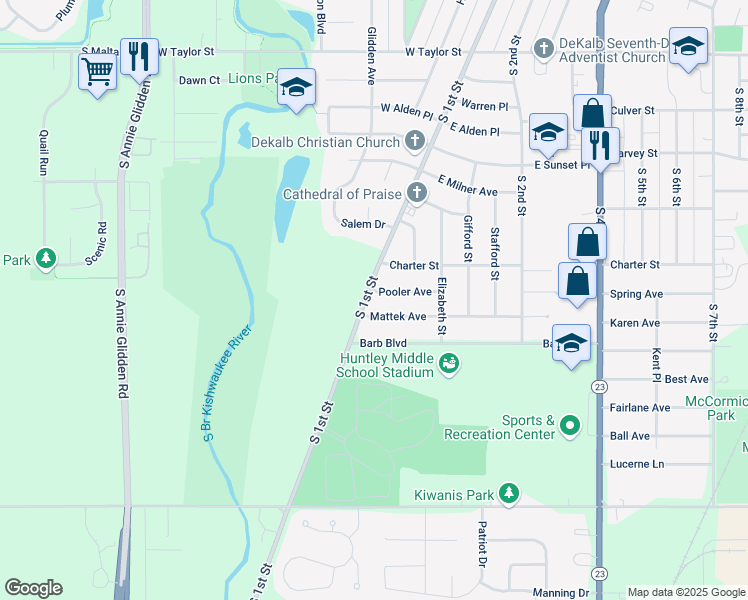 map of restaurants, bars, coffee shops, grocery stores, and more near 107 Pooler Avenue in DeKalb