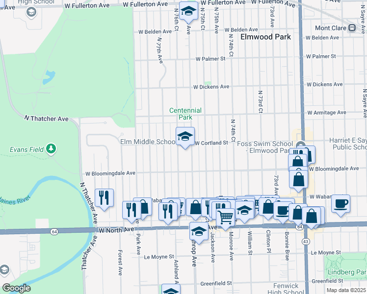 map of restaurants, bars, coffee shops, grocery stores, and more near 7607 West Cortland Street in Elmwood Park