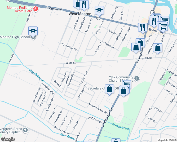 map of restaurants, bars, coffee shops, grocery stores, and more near 1051 Chateau Boulevard in Monroe