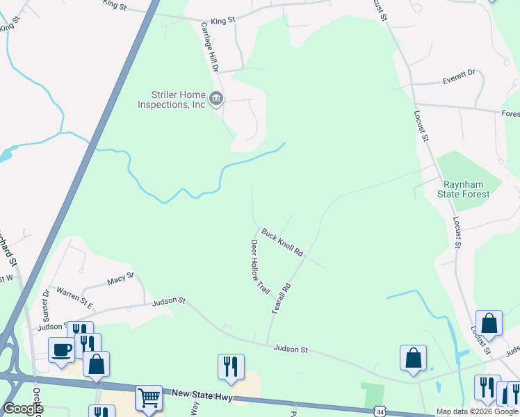 map of restaurants, bars, coffee shops, grocery stores, and more near 185 Buck Knoll Road in Raynham
