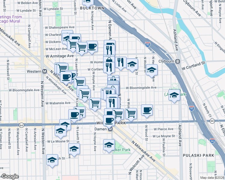 map of restaurants, bars, coffee shops, grocery stores, and more near 1755 North Damen Avenue in Chicago
