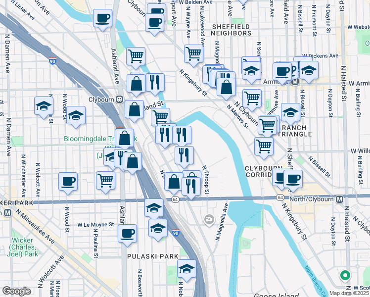 map of restaurants, bars, coffee shops, grocery stores, and more near 1430 West Willow Street in Chicago