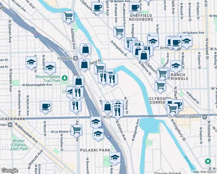 map of restaurants, bars, coffee shops, grocery stores, and more near 1430 West Willow Street in Chicago