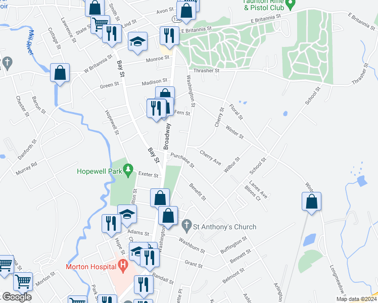 map of restaurants, bars, coffee shops, grocery stores, and more near 225 Washington Street in Taunton