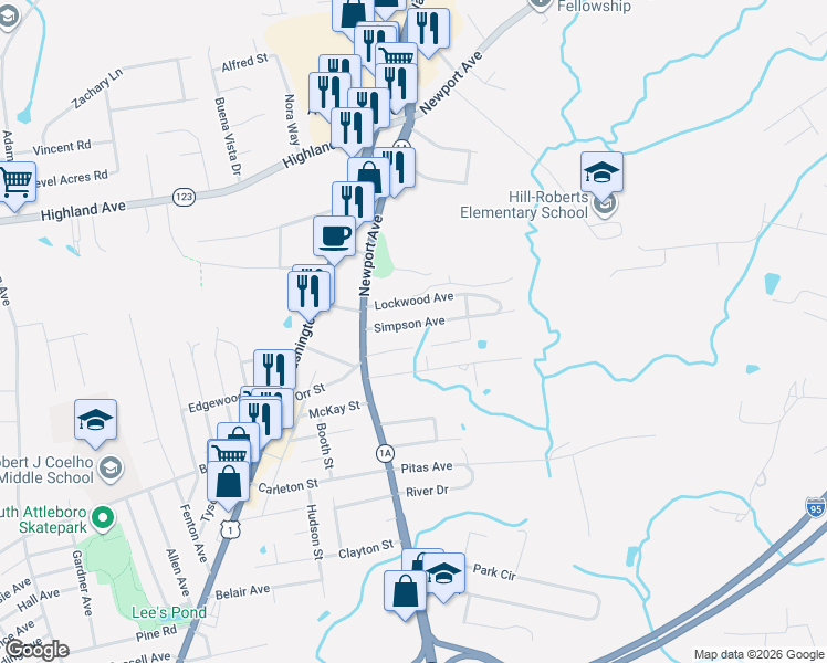 map of restaurants, bars, coffee shops, grocery stores, and more near 59 Lockwood Avenue in Attleboro