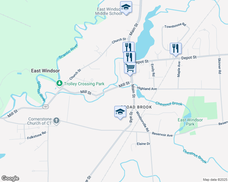 map of restaurants, bars, coffee shops, grocery stores, and more near 13 Mill Street in East Windsor