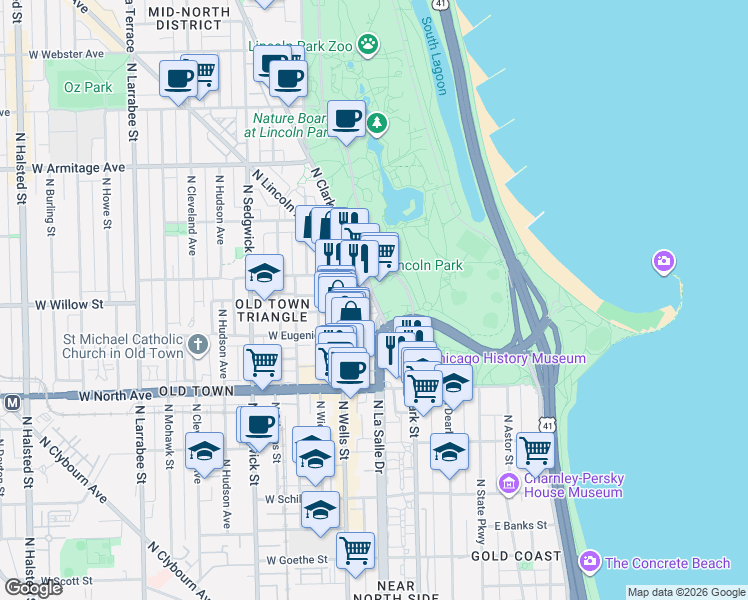 map of restaurants, bars, coffee shops, grocery stores, and more near 1730 North Stockton Drive in Chicago