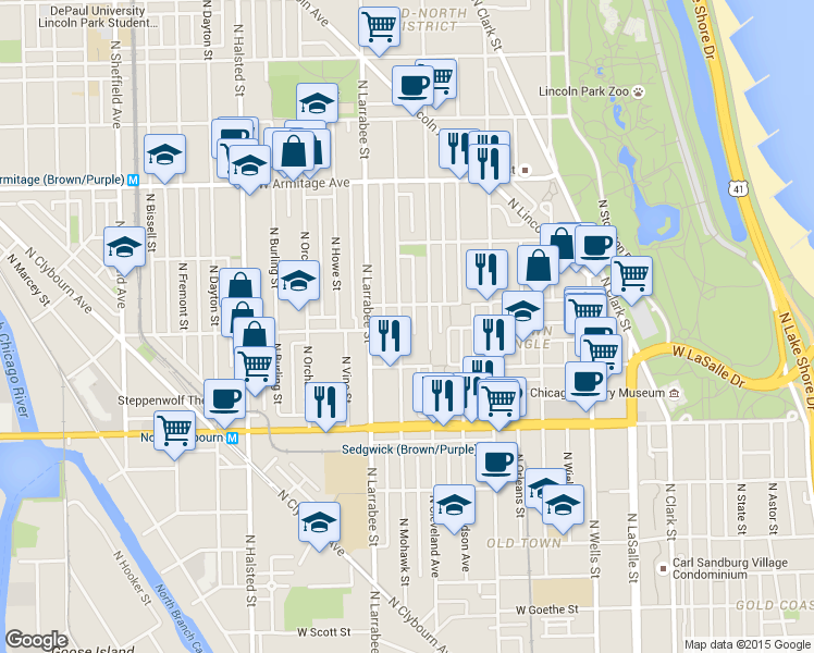 map of restaurants, bars, coffee shops, grocery stores, and more near 1757 North Mohawk Street in Chicago