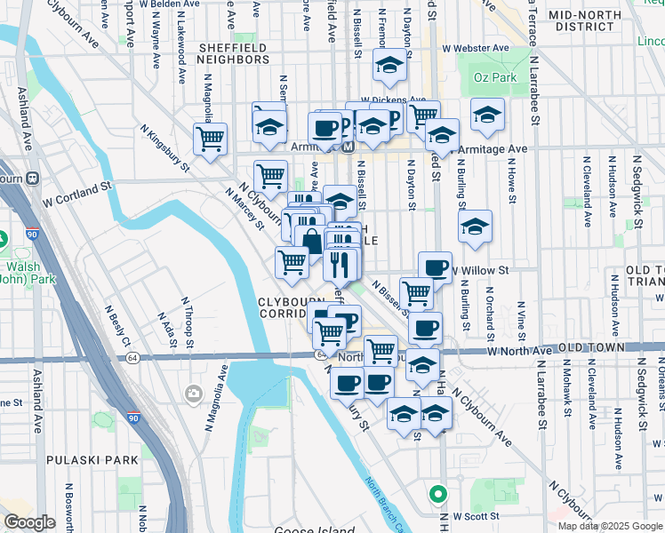 map of restaurants, bars, coffee shops, grocery stores, and more near 1827 North Clybourn Avenue in Chicago