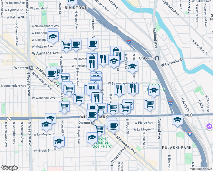 map of restaurants, bars, coffee shops, grocery stores, and more near 1809 North Wolcott Avenue in Chicago