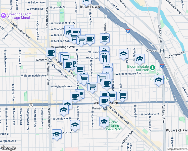 map of restaurants, bars, coffee shops, grocery stores, and more near 2047 West Churchill Street in Chicago