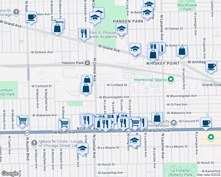 map of restaurants, bars, coffee shops, grocery stores, and more near 5506 West Cortland Street in Chicago