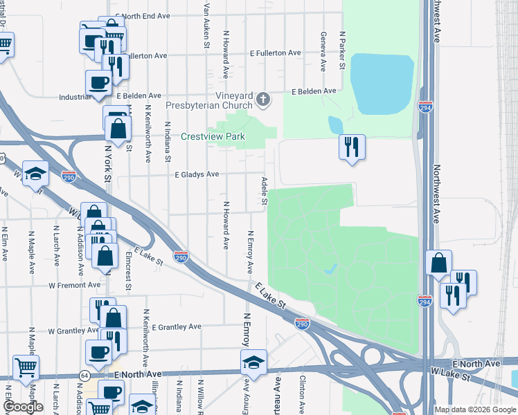 map of restaurants, bars, coffee shops, grocery stores, and more near 564 Adele Street in Elmhurst