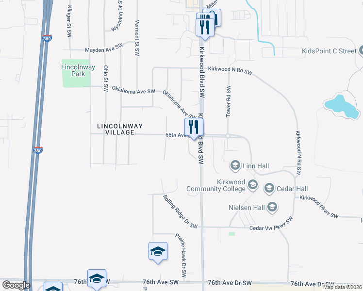 map of restaurants, bars, coffee shops, grocery stores, and more near 202 66th Avenue Southwest in Cedar Rapids