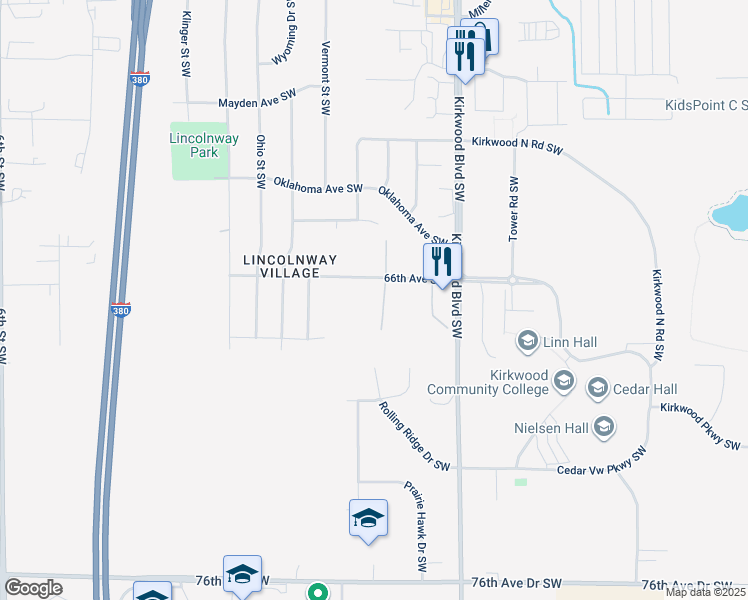 map of restaurants, bars, coffee shops, grocery stores, and more near 6610 College Park Court Southwest in Cedar Rapids
