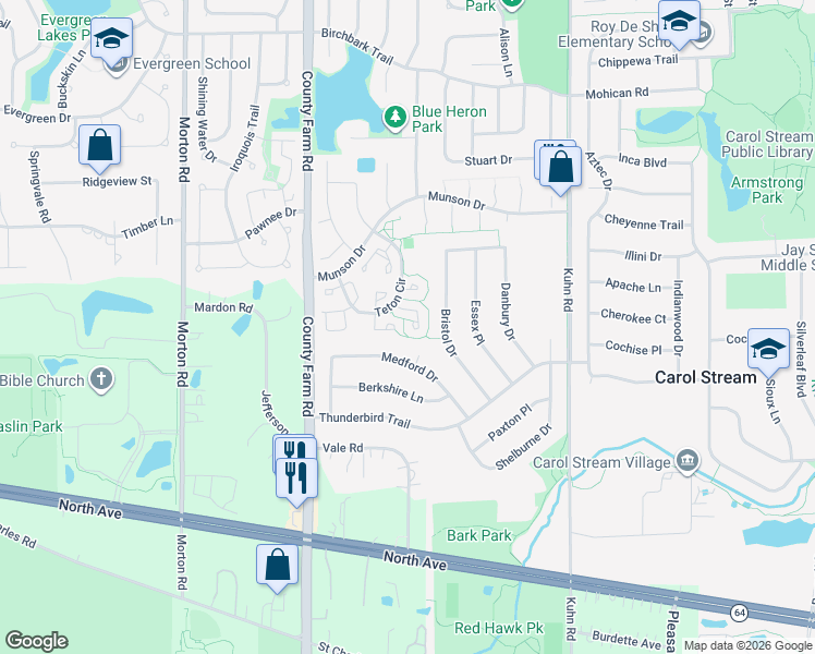 map of restaurants, bars, coffee shops, grocery stores, and more near 734 Colorado Court in Carol Stream
