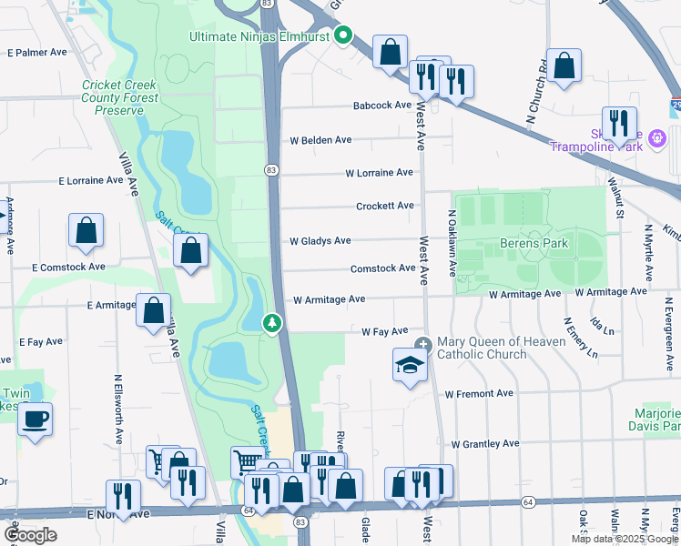 map of restaurants, bars, coffee shops, grocery stores, and more near 601 Comstock Avenue in Elmhurst