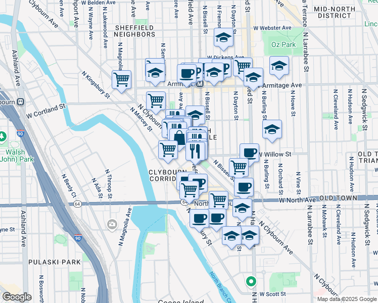 map of restaurants, bars, coffee shops, grocery stores, and more near 1811 North Clybourn Avenue in Chicago