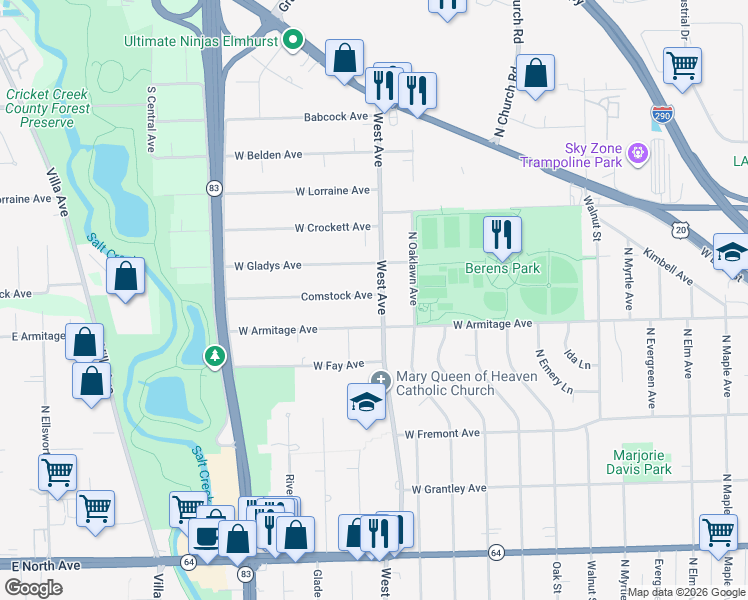 map of restaurants, bars, coffee shops, grocery stores, and more near 537 Comstock Avenue in Elmhurst