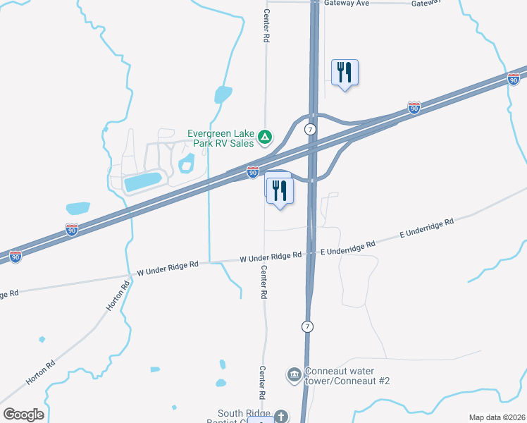 map of restaurants, bars, coffee shops, grocery stores, and more near 2 Love's Drive in Conneaut