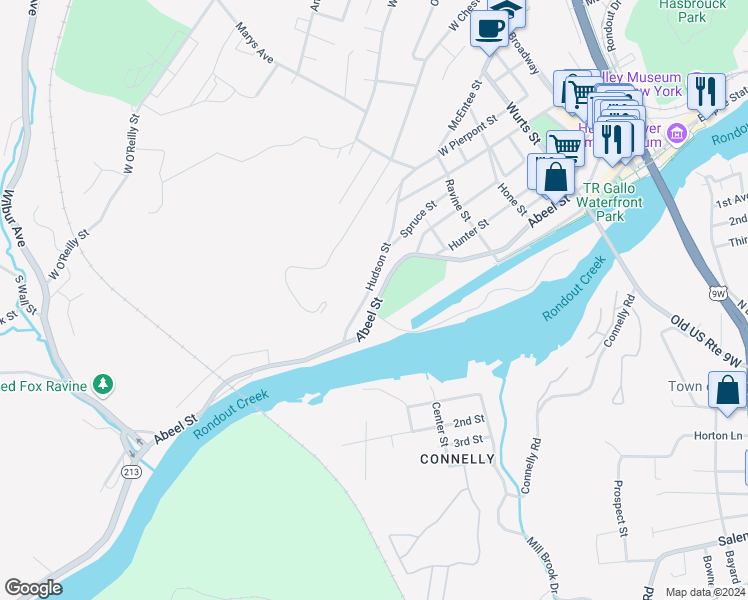 map of restaurants, bars, coffee shops, grocery stores, and more near 299 Abeel Street in Kingston