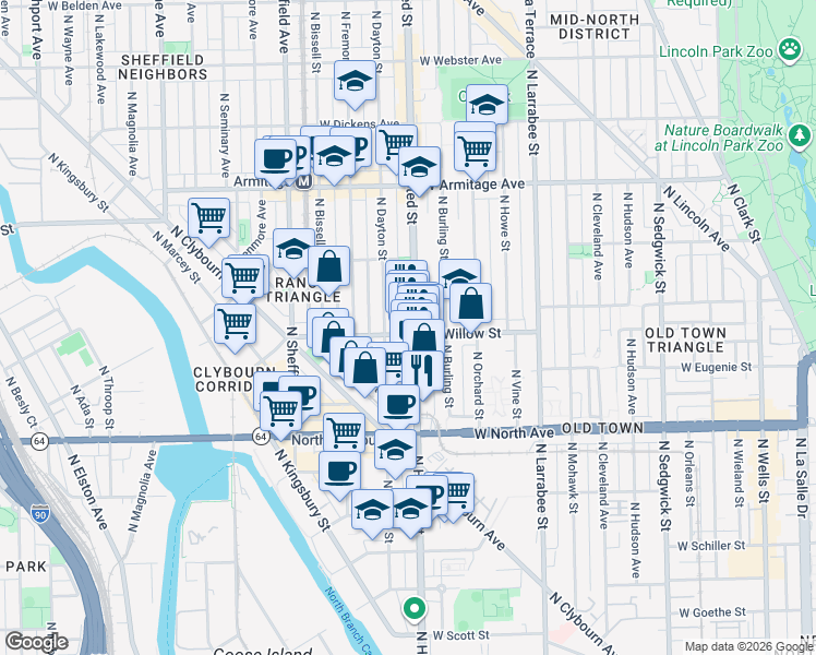 map of restaurants, bars, coffee shops, grocery stores, and more near 1802 North Halsted Street in Chicago