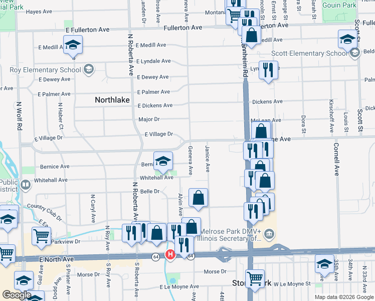 map of restaurants, bars, coffee shops, grocery stores, and more near 336 Geneva Avenue in Northlake