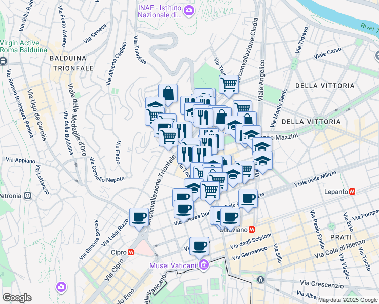 map of restaurants, bars, coffee shops, grocery stores, and more near 10-16 Via Nazario Sauro in Rome