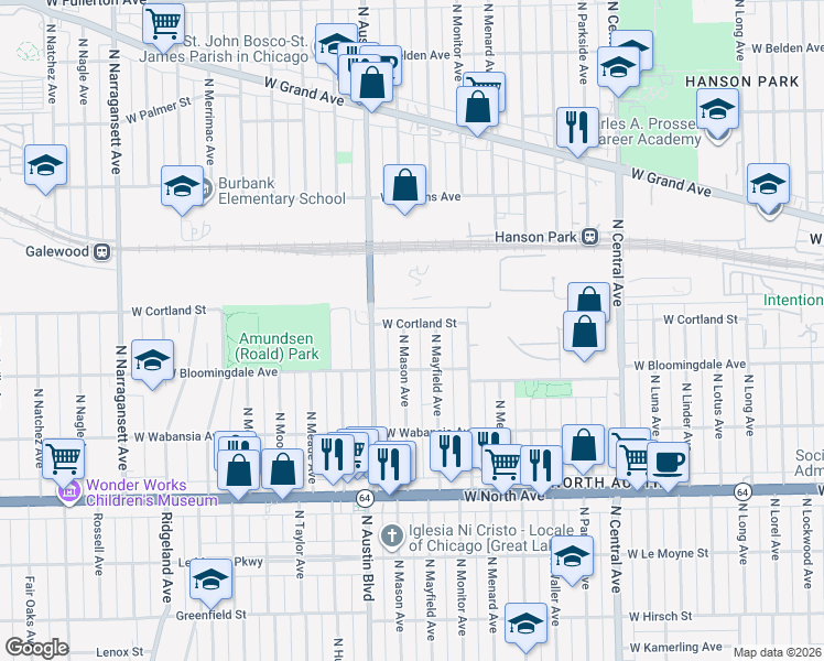 map of restaurants, bars, coffee shops, grocery stores, and more near 5926 West Cortland Street in Chicago