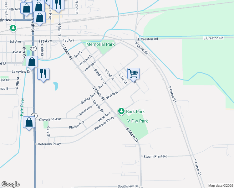 map of restaurants, bars, coffee shops, grocery stores, and more near 224 West Avenue H in Rochelle