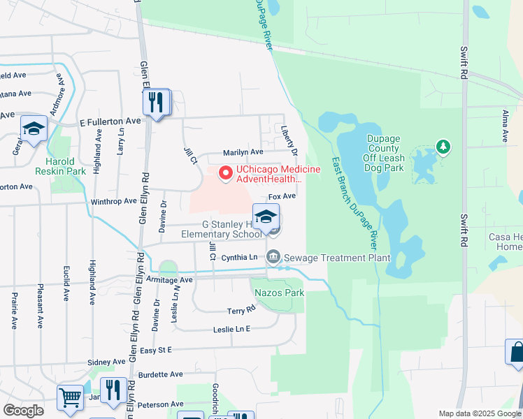map of restaurants, bars, coffee shops, grocery stores, and more near 1489 Wayne Avenue in Glendale Heights