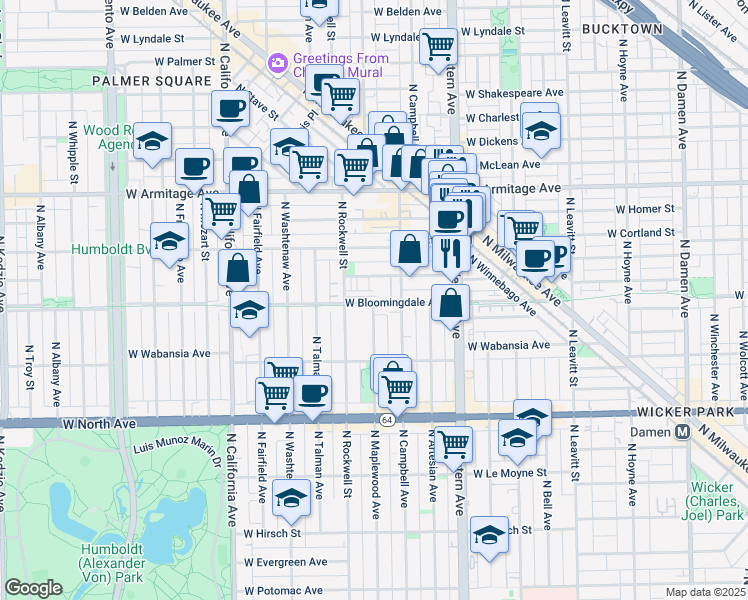 map of restaurants, bars, coffee shops, grocery stores, and more near 2543 West Moffat Street in Chicago