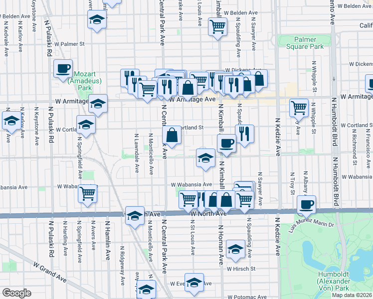 map of restaurants, bars, coffee shops, grocery stores, and more near 1808 North Saint Louis Avenue in Chicago