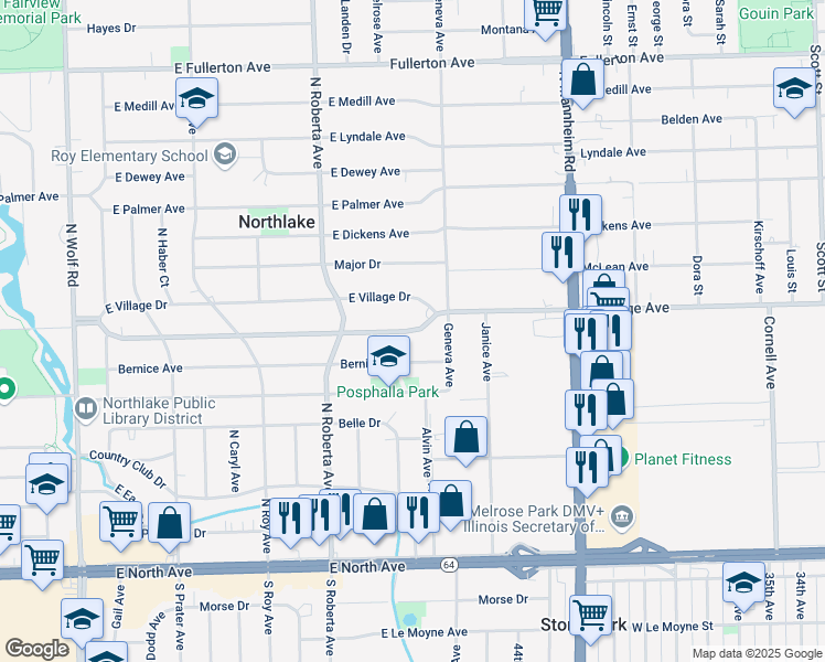 map of restaurants, bars, coffee shops, grocery stores, and more near East Armitage Avenue in Melrose Park