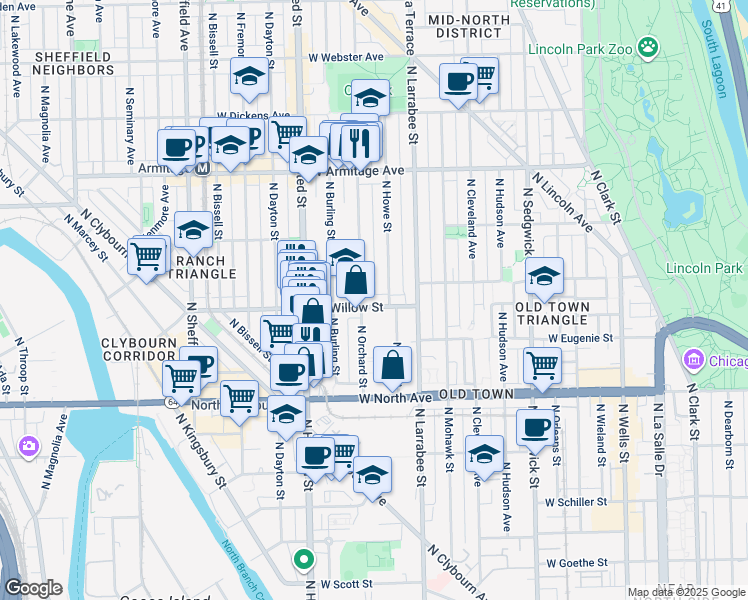 map of restaurants, bars, coffee shops, grocery stores, and more near 648 West Willow Street in Chicago