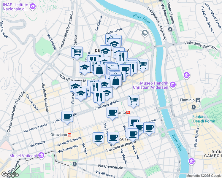 map of restaurants, bars, coffee shops, grocery stores, and more near 2-8 Via Enrico Tazzoli in Rome