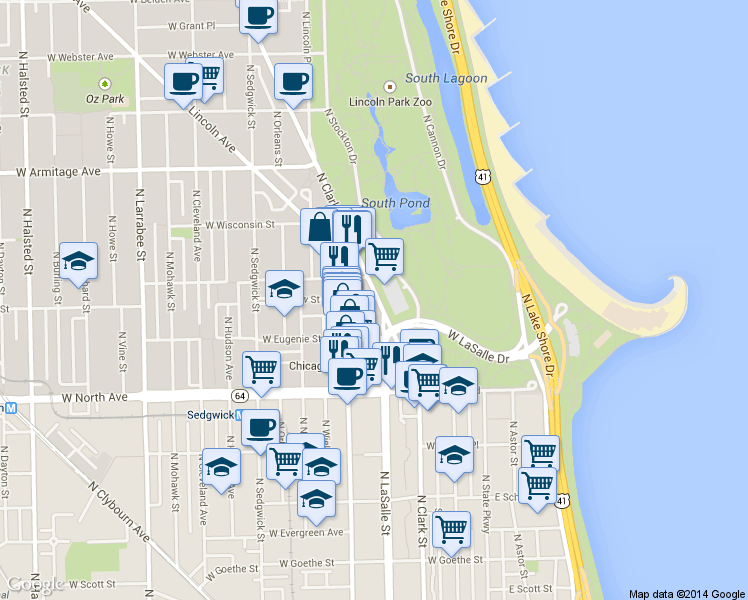 map of restaurants, bars, coffee shops, grocery stores, and more near 1730 North Stockton Drive in Chicago