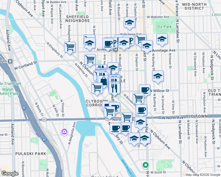map of restaurants, bars, coffee shops, grocery stores, and more near 1827 North Clybourn Avenue in Chicago