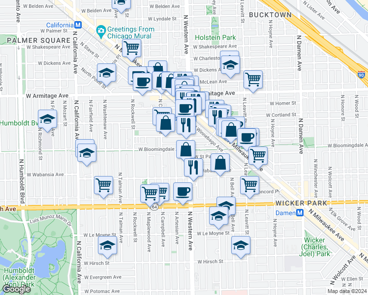 map of restaurants, bars, coffee shops, grocery stores, and more near 2431 West Moffat Street in Chicago