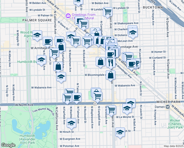 map of restaurants, bars, coffee shops, grocery stores, and more near 2543 West Moffat Street in Chicago