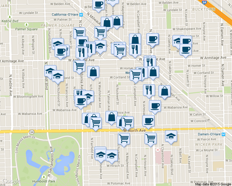 map of restaurants, bars, coffee shops, grocery stores, and more near 1819 North Talman Avenue in Chicago