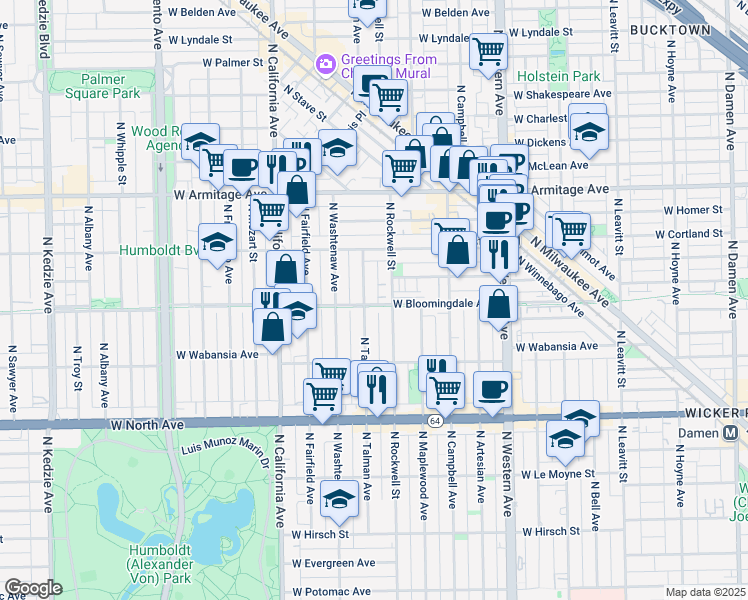 map of restaurants, bars, coffee shops, grocery stores, and more near 1819 North Talman Avenue in Chicago